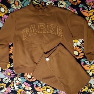 2pc Parke Women's Tonal Monochrome Varsity Mockneck Sweatshirt & Sweats In Mocha